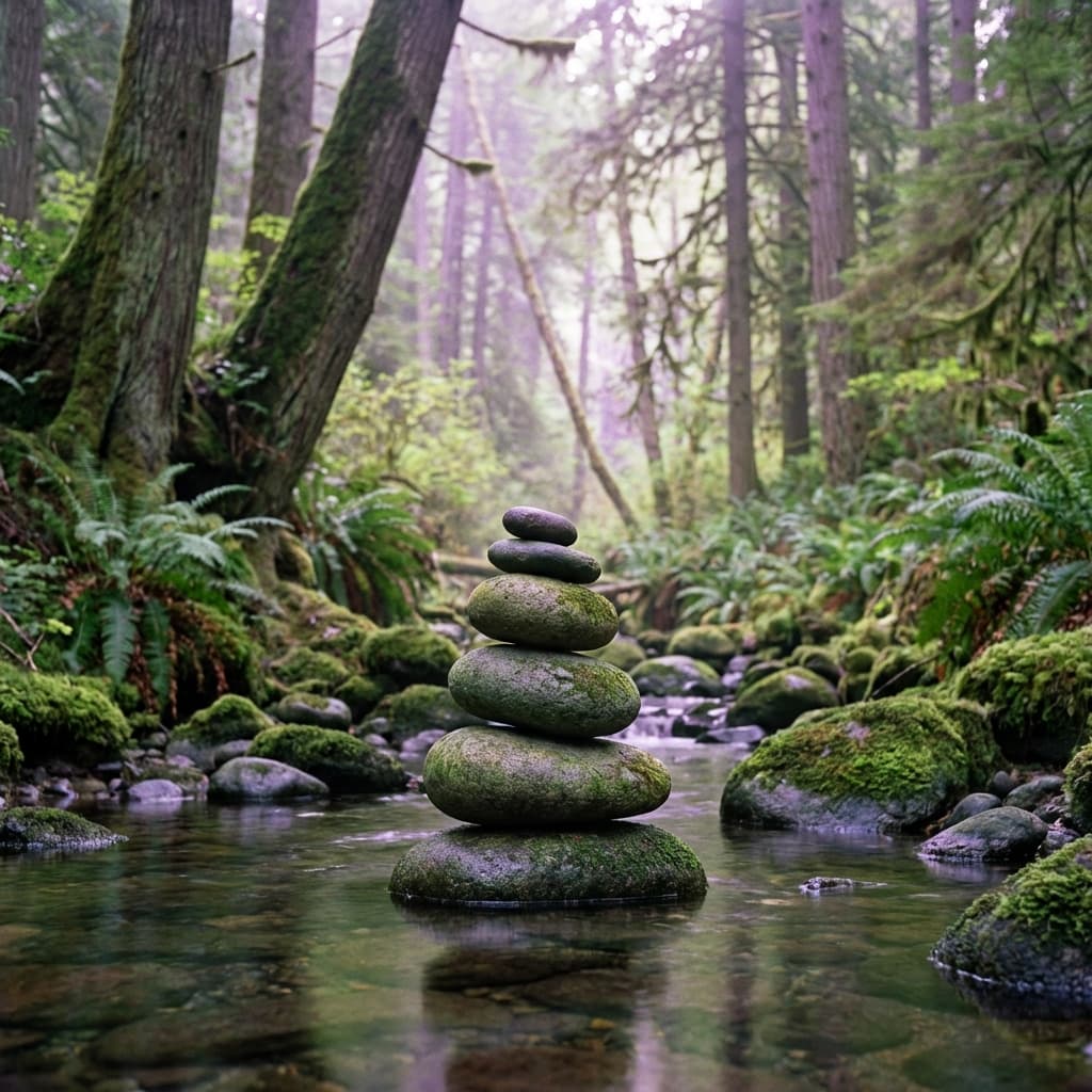 Pierres zen en équilibre dans un ruisseau symbolisant l'harmonie